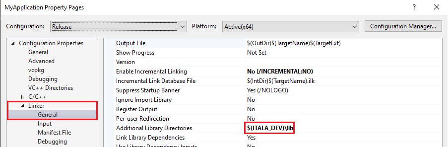 VS example linker directories release