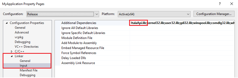 VS example linker input release